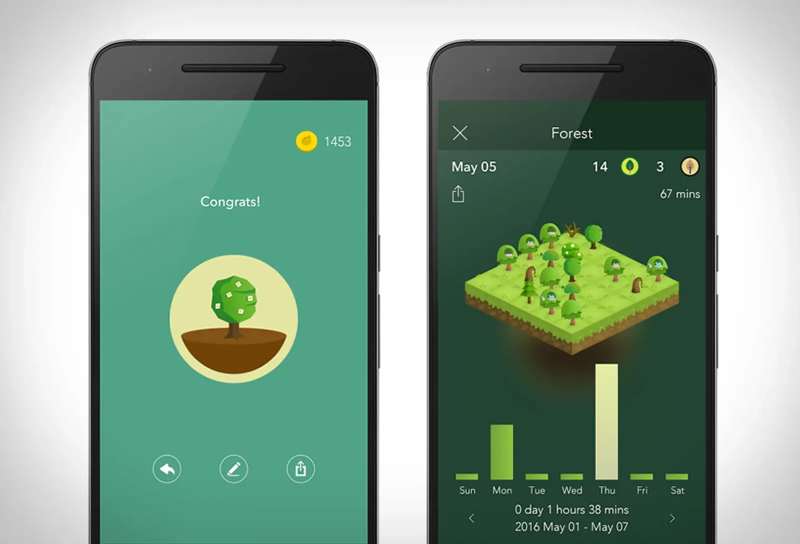 two phones showing forest, one with a finished tree and a balance of 1453 coins, the other with a week of grown trees on an isometric island