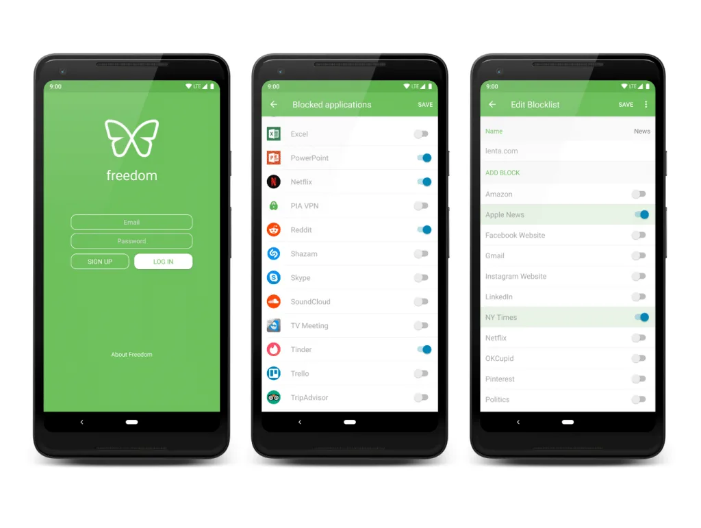 three phones showing freedom, its login screen, its blocked applications list with a toggle next to each app, and its blocklist editor