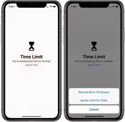 two iphones showing the ios time limit screen for youtube, the second one with the sheet offering remind me in 15 minutes or ignore limit for today