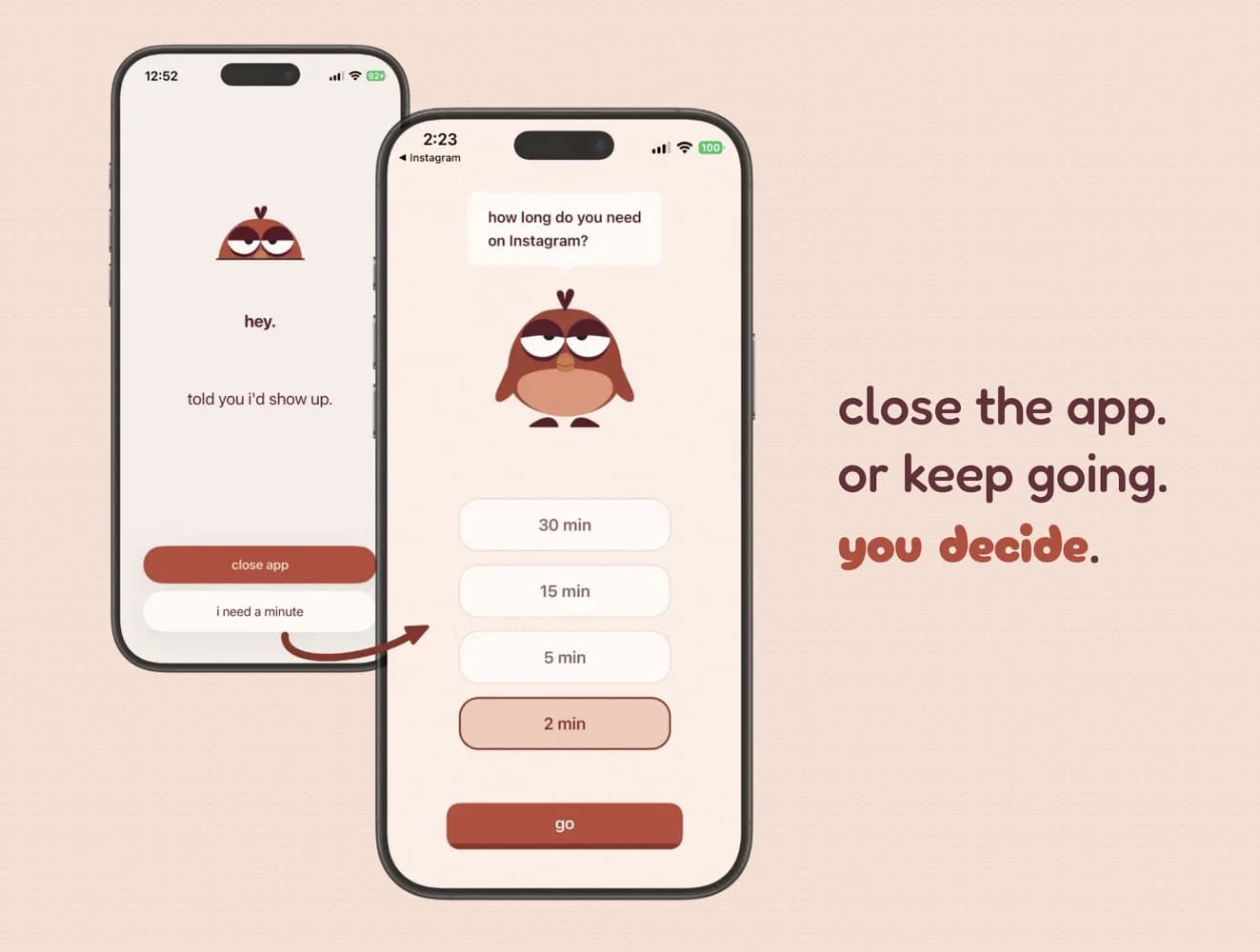 two iphones showing kokopi's intervention screen and, next to it, the extra time picker inside instagram