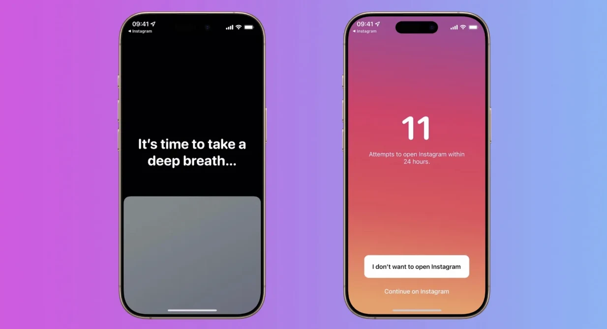 two iphones showing one sec's breathing screen and its counter of attempts to open instagram in the last 24 hours