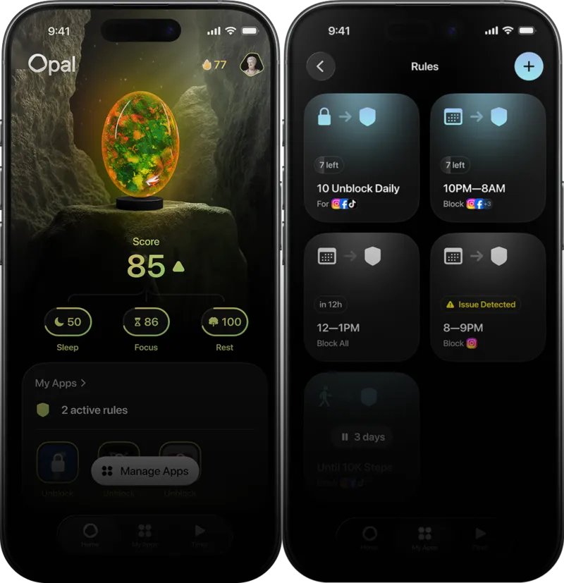 two iphones showing opal's home screen with a score of 85 and three gems, next to its rules screen listing four scheduled blocks