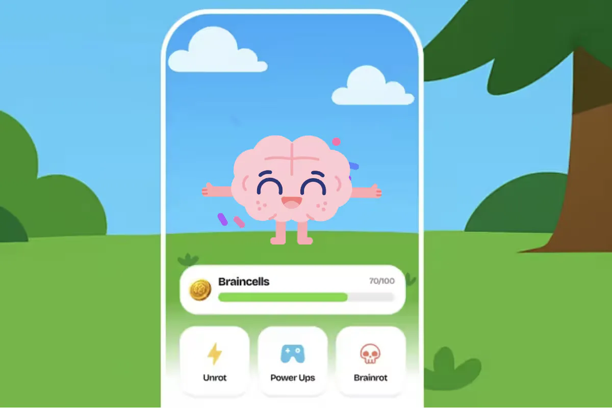 an unrot screen showing a cartoon brain standing in a field, a braincells bar reading 70 out of 100, and buttons for unrot, power ups and brainrot