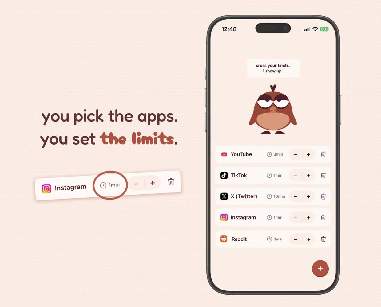 the kokopi setup screen listing youtube, tiktok, x, instagram and reddit with a minute limit each